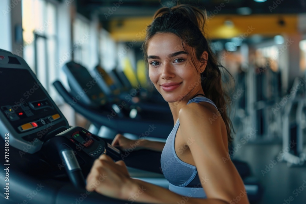 Poster a woman exercising on a treadmill in a gym. suitable for fitness and exercise-related content