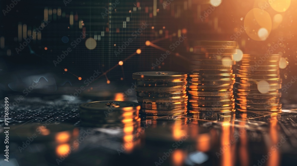 Poster A pile of coins sitting on top of a computer keyboard. This image can be used to represent financial technology, online banking, or digital currency