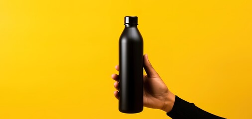 A person is carrying a black drink bottle in his hand in a photo in front of a yellow background