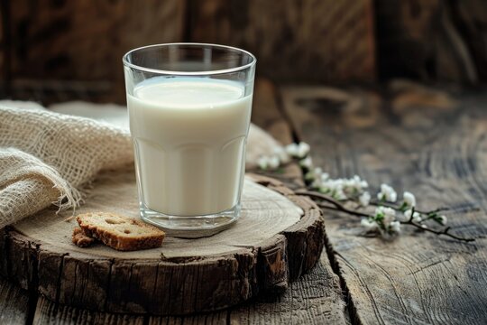 A glass of milk and some cookies are placed on a table. This image can be used to depict a snack time or a cozy moment