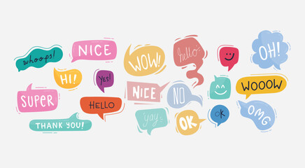 Bright colored speech bubbles with expressions. Abstract doodle speech bubbles with different phrases, text labels and empty thought clouds modern vector icons set. Bright dialogue clouds pack isolate - obrazy, fototapety, plakaty