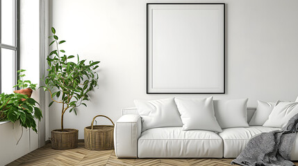 Beautiful modern white room with empty frame for text on the wall and white sofa