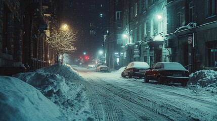 Obraz premium A snowy street at night with cars parked on the side of the road. Perfect for winter scenes or urban landscapes