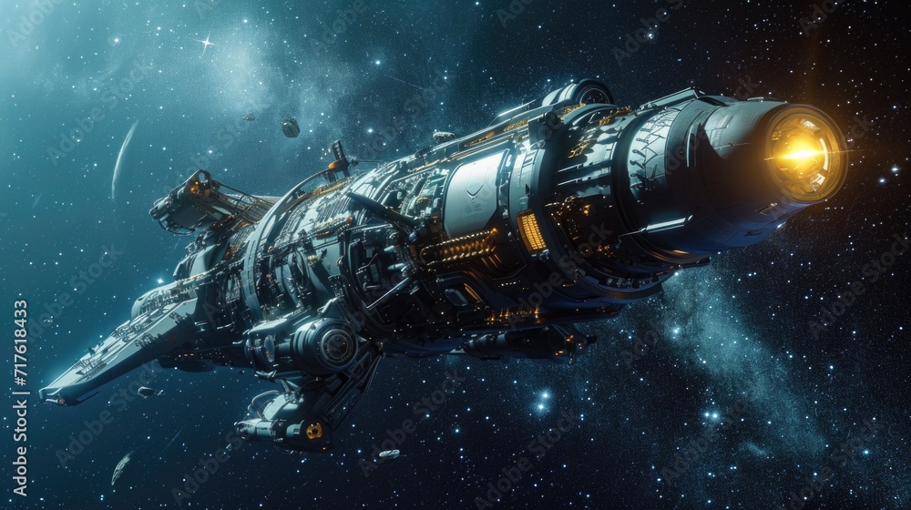 Poster a space ship floating in the vastness of space surrounded by countless stars. perfect for science fi