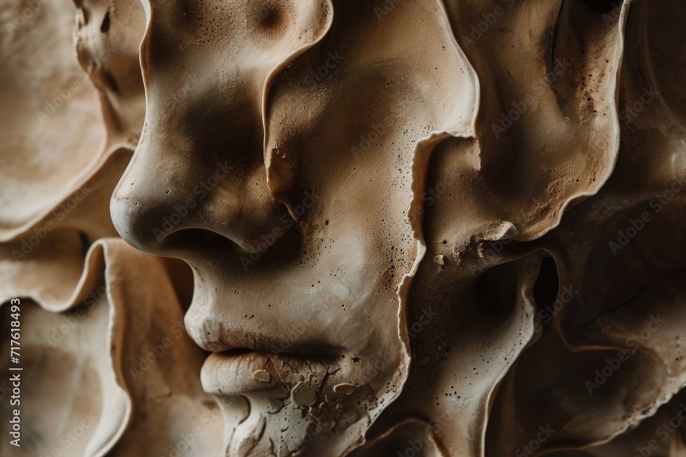 Poster a detailed close-up view of a sculpture depicting the face of a man. suitable for various artistic a