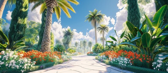 Sunny day garden with palm trees, trees, and flowers.