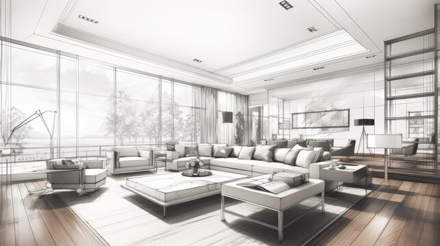 3D Sketch of a huge Living room in modern style with light grey colors and large windows with patio and nature view