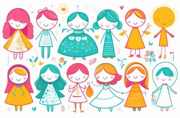 Set of little colorful girls in illustrations. Concept illustration, icons, layouts for advertising