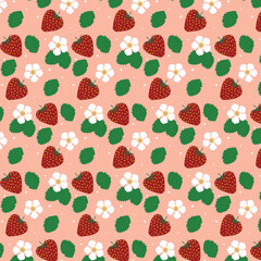 Floral seamless pattern with strawberries, flowers and leaves. Abstract design, suitable for paper, cover, fabric, interior decor. Vector illustration.