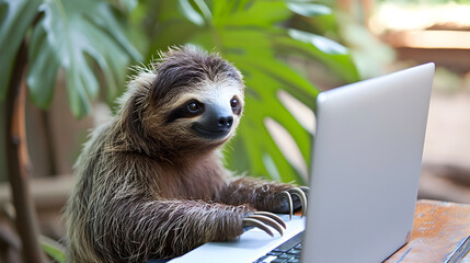 Concept of a lazy worker in the form of a cute sloth animal at the computer