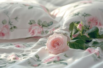 A beautiful pink rose laying on top of a bed covered in sheets. Perfect for romantic and floral-themed designs