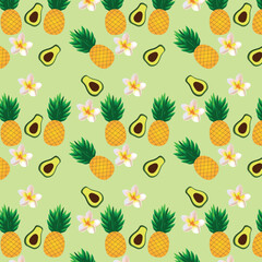 Tropical seamless pattern with pineapples, avacados and exotic hidiscus flowers. Fruit design on a light green background. Vector illustration.