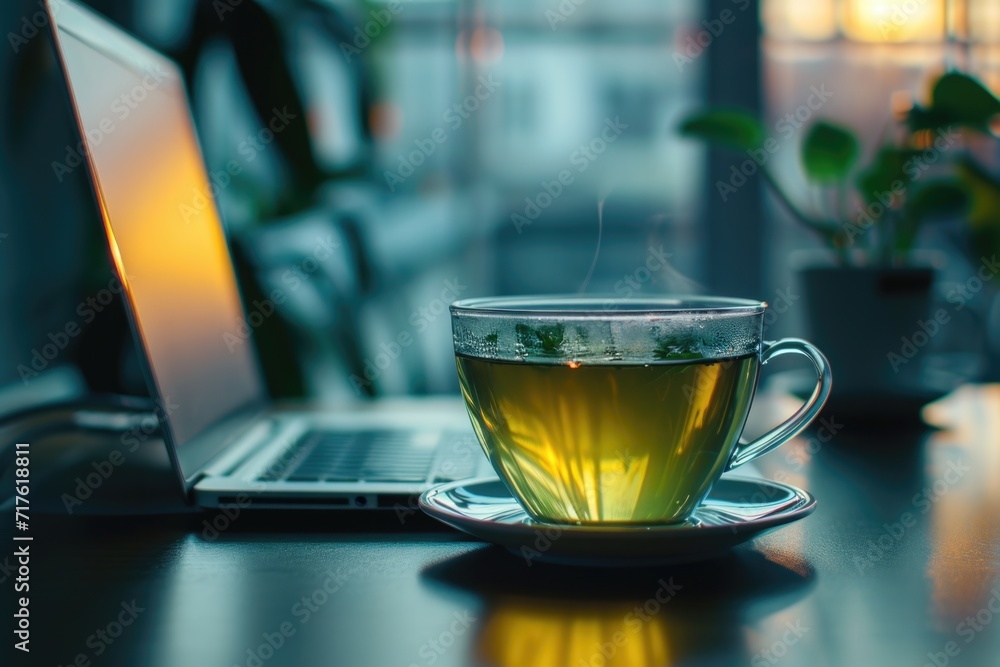 Poster a cup of tea sits on a saucer next to a laptop. suitable for illustrating work-life balance or the c