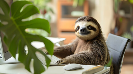 Cute sloth at the computer working slowly in the office - obrazy, fototapety, plakaty