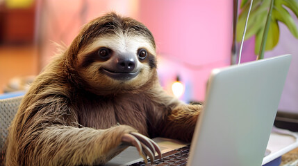 Cute sloth working slowly at the computer