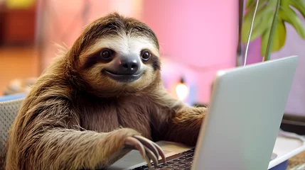 Tuinposter Cute sloth working slowly at the computer © Taisiia