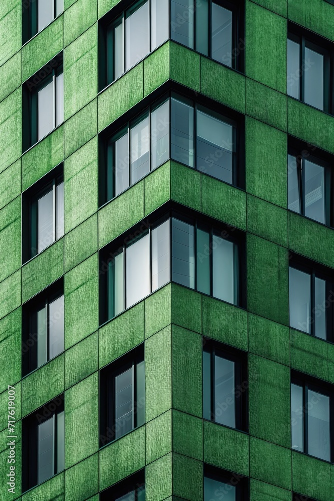 Poster a picture of a tall green building with numerous windows. this image can be used to depict modern ar