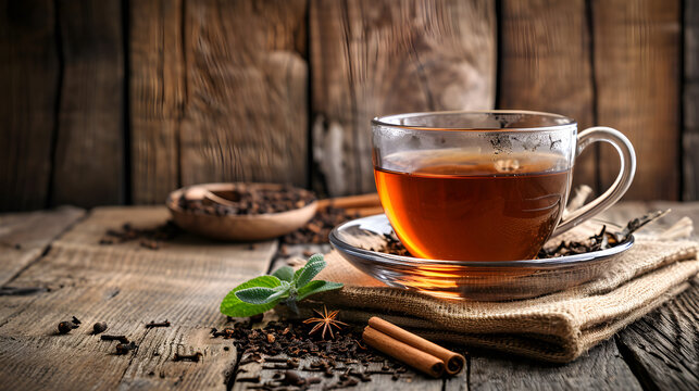 A cup of black tea with mint and cinnamon on a wooden background