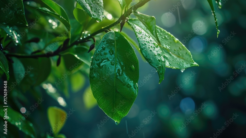 Poster a detailed view of a leaf covered in water droplets. ideal for nature-themed designs and projects