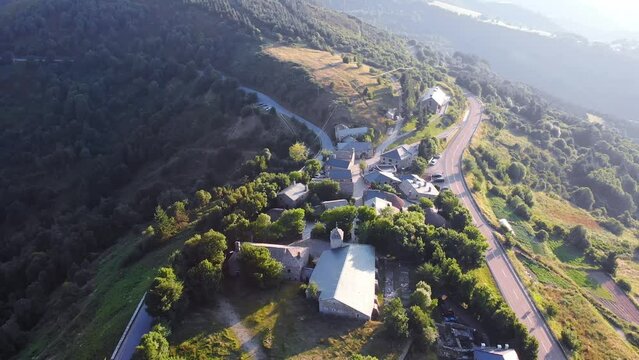 Aerial drone filming of the town of O Cebreiro, entrance to Galicia along the French road belonging to the Camino de Santiago, the route where the Apostle Santiago passed.
