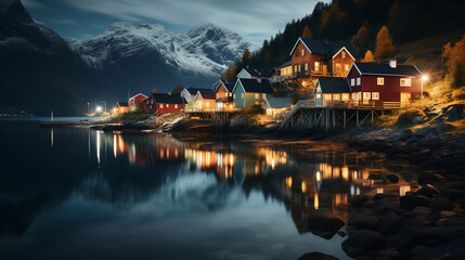 Fototapeta premium Landscape of A small Norwegian fishing town in the mountains, night lighting for houses and town street, surface of a sea