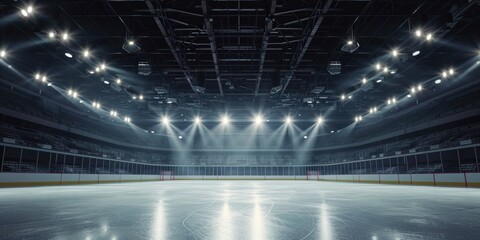 Obraz premium An empty hockey rink with lights shining on the ice. Perfect for sports-related designs or illustrating the anticipation of a game