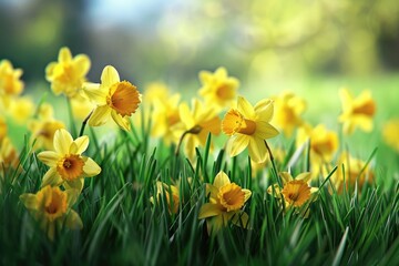 Fototapeta premium A beautiful field of yellow daffodils on a sunny day. Perfect for springtime or nature-themed projects