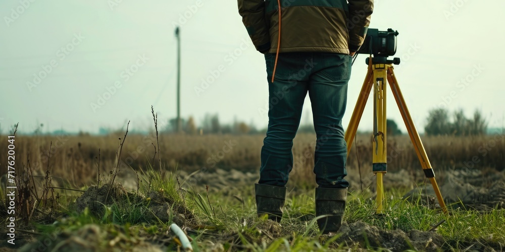 Poster A man standing in a field with a camera mounted on a tripod. Perfect for photography enthusiasts and professionals.