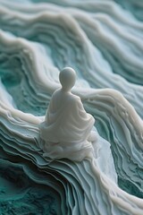 A white figurine sits gracefully on the crest of a wave.