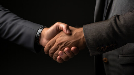 Close-up of a business Handshake between a mature hand with grey sleeve and a white mature hand with black sleeve on a dark background - obrazy, fototapety, plakaty