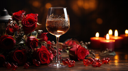 Closeup on a high engraved glass of white wine on a wooden table with a large red Roses bouquet and some candles with a dark blurry background - Powered by Adobe
