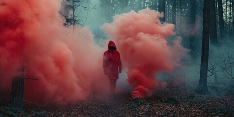 A person wearing a red hoodie standing in the woods. This image can be used to depict solitude, mystery, or a sense of adventure