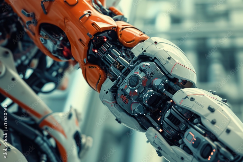 Poster A close-up view of a robot's arm with a building in the background. This image can be used to depict technology, automation, or futuristic concepts