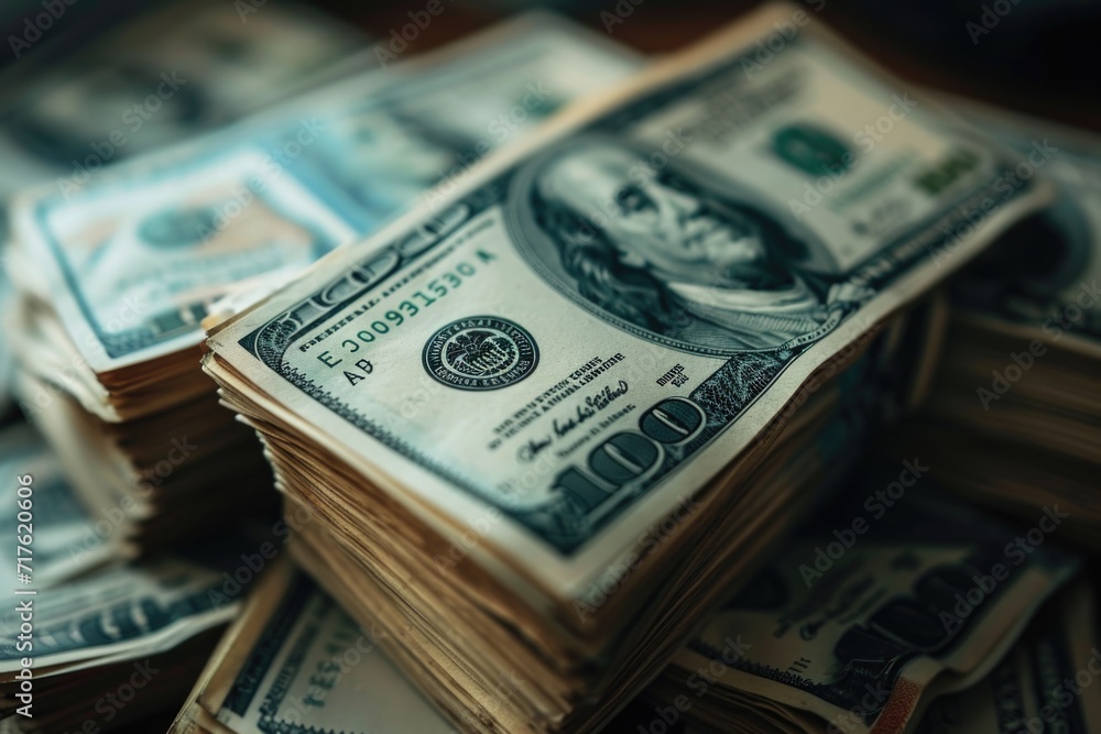 Poster a pile of money sitting on top of a table. can be used to illustrate financial concepts or wealth