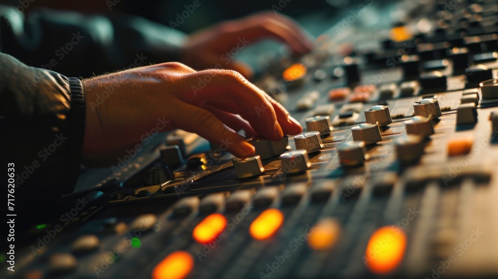 Poster a detailed close-up of a person's hand operating a sound board. perfect for showcasing audio product