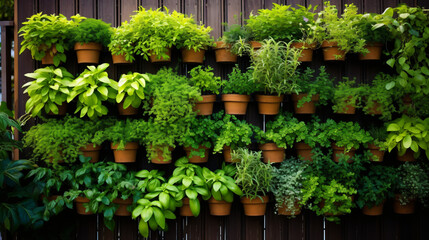 Fototapeta na wymiar Green wall with herbs on the balcony growing herbs