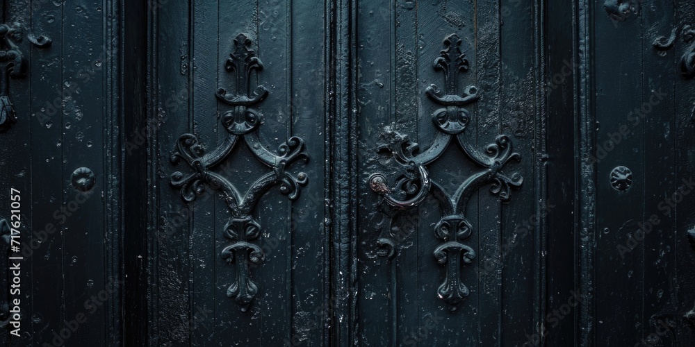 Poster A detailed close-up view of a metal door with intricate ornate designs. This image can be used to add a touch of elegance and sophistication to any project