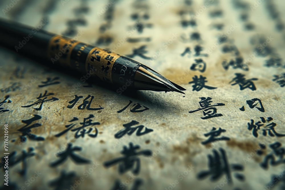 Poster a pen resting on top of a piece of writing. suitable for various applications