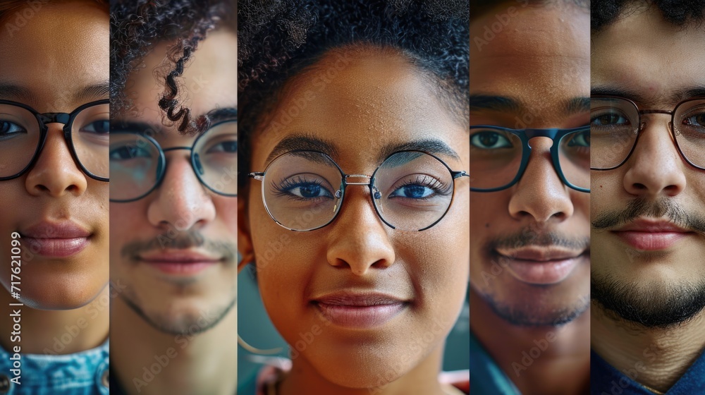 Poster a collage featuring a man and a woman both wearing glasses. this versatile image can be used in vari