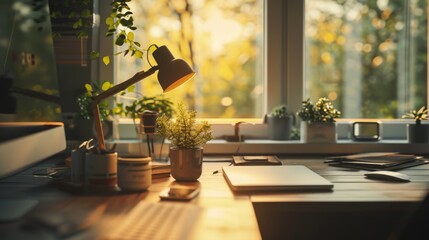 A simple yet functional desk setup with a laptop and a lamp. Perfect for a home office or workspace.