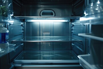 An image of an open refrigerator with a lot of water inside. This picture can be used to depict hydration, healthy lifestyle, or even environmental awareness