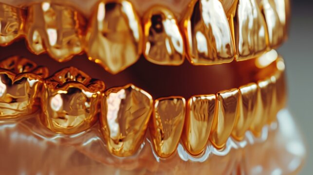 A close-up shot of gold teeth, showcasing their intricate design and shine. This image can be used to depict dental care, luxury accessories, or hip-hop culture