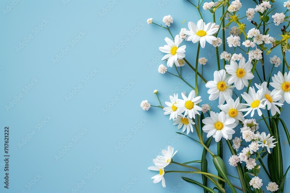Poster a bunch of white flowers on a blue surface. perfect for adding a touch of elegance to any design
