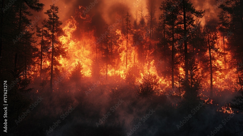 Poster a powerful and intense fire spreading rapidly through a dense forest. ideal for illustrating the des