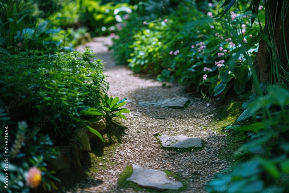 Poster A picturesque path in the middle of a lush green forest. Perfect for nature lovers and outdoor enthusiasts