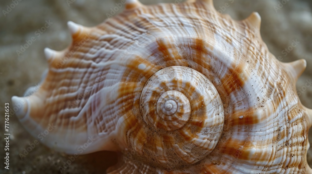 Poster A close-up photograph of a shell resting on a sandy surface. This image can be used to depict beach vacations, marine life, or coastal themes