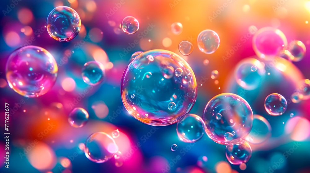 Aufkleber vibrant soap bubbles floating in a colorful universe, reflecting light and creating a playful and ma