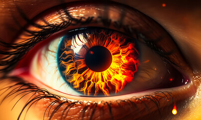 Close-up of a human eye with a fiery, burning iris symbolizing intensity, passion, or a powerful vision - obrazy, fototapety, plakaty