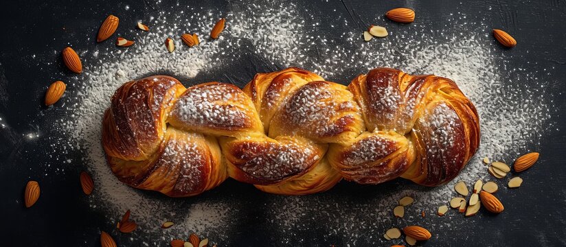 Sugar and almonds are sprinkled over baked yeast plait.