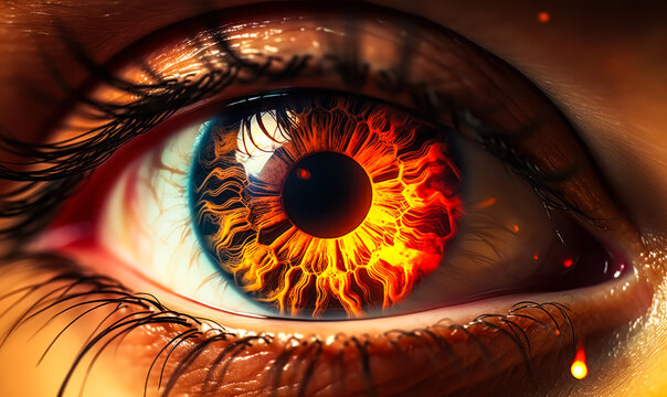 Close-up of a human eye with a fiery, burning iris symbolizing intensity, passion, or a powerful vision